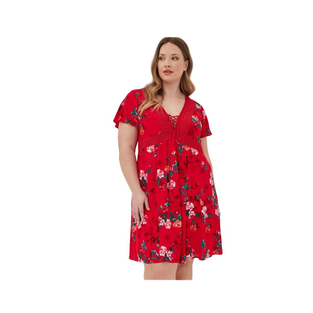 Torrid Red Floral Midi Skater Dress V Neck Gauze Lace Up Size 3 3X Bright Casual